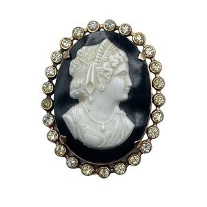 Vintage Clear Crystal Rhinestones Black & White Cameo Brooch Pin Collectible